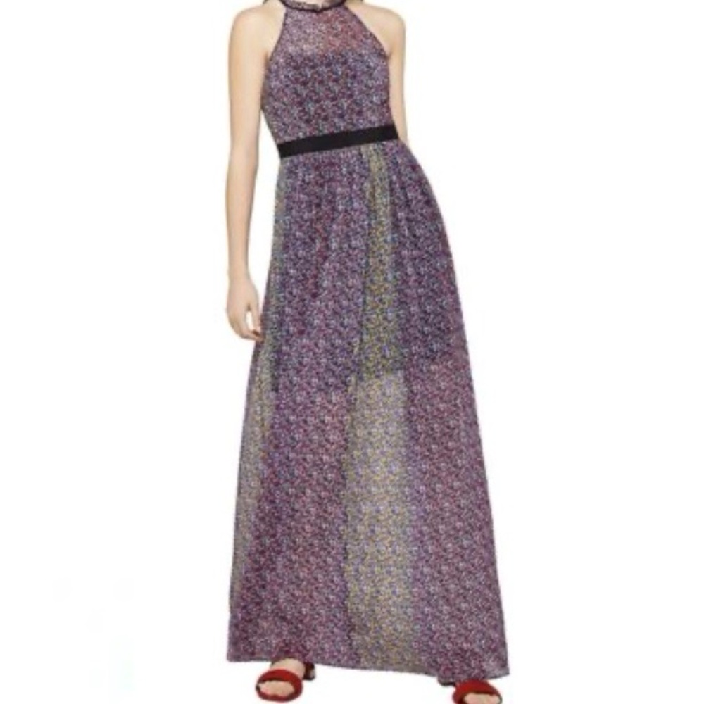BCBGeneration Halter Maxi Dress Size 2 Chiffon Print Ruffle Formal Wedding Guest